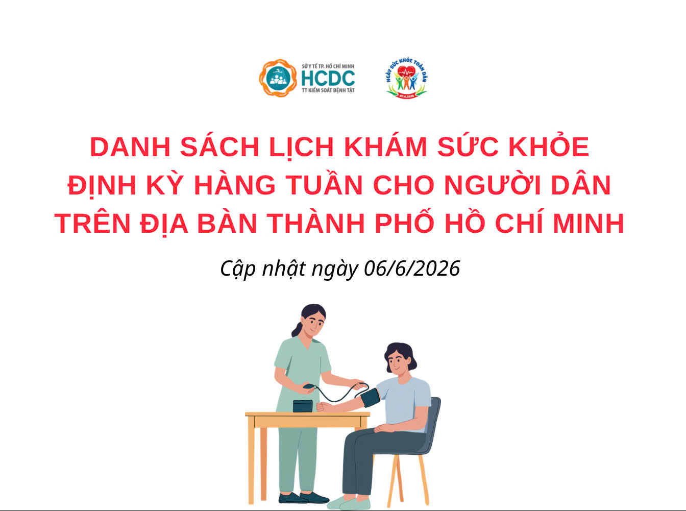 Danh sách lịch khám sức khỏe định kỳ hàng tuần cho người dân trên địa bàn Thành phố Hồ Chí Minh  (Cập nhật ngày 06/6/2026)