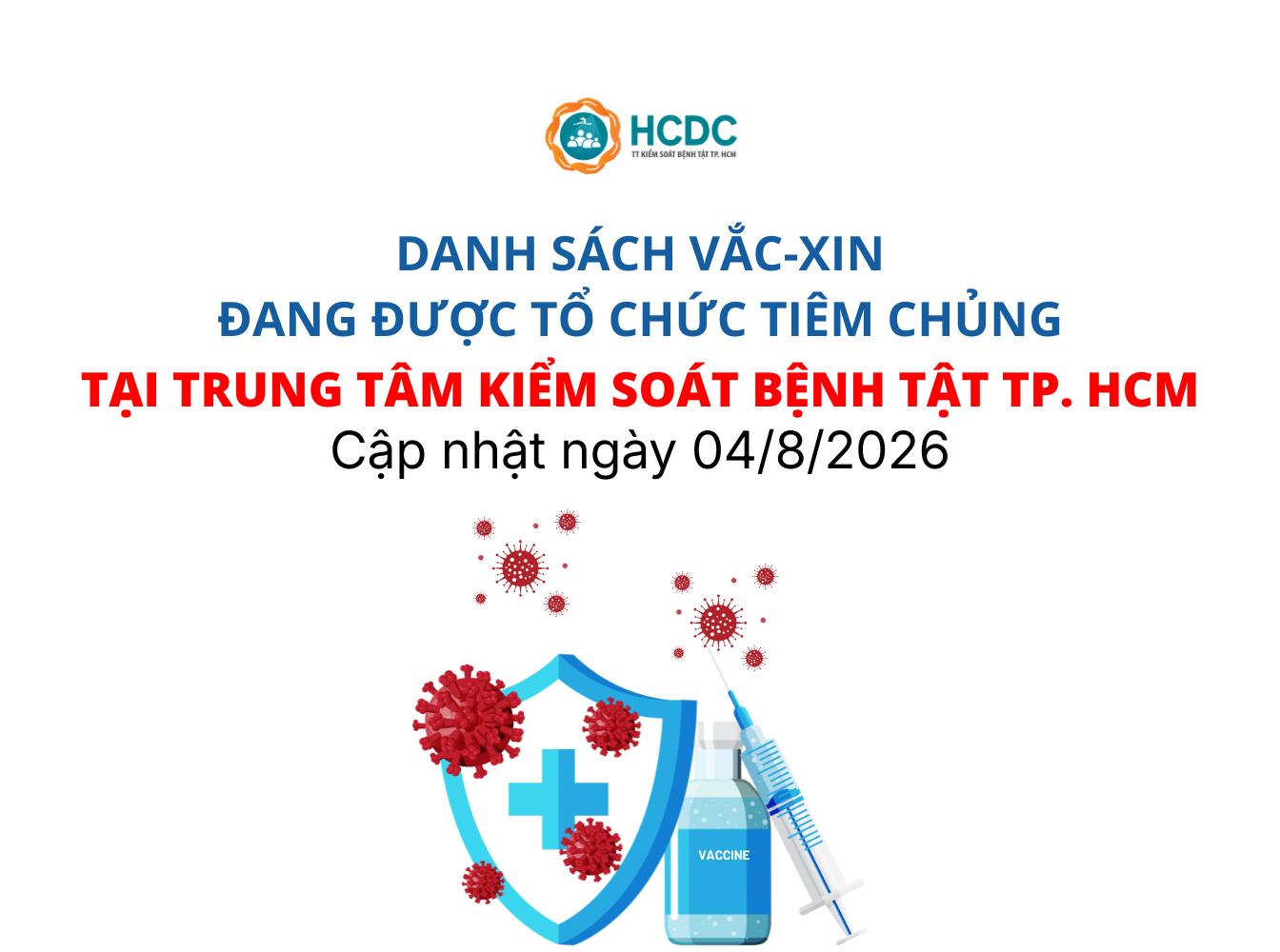 Danh sách vắc-xin đang được tổ chức tiêm chủng tại Trung tâm Kiểm soát bệnh tật TP. Hồ Chí Minh (Cập nhật ngày 04/8/2026)