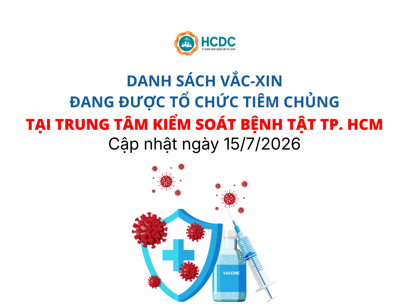 Danh sách vắc-xin đang được tổ chức tiêm chủng tại Trung tâm Kiểm soát bệnh tật TP. Hồ Chí Minh (Ngày 15/7/2026)