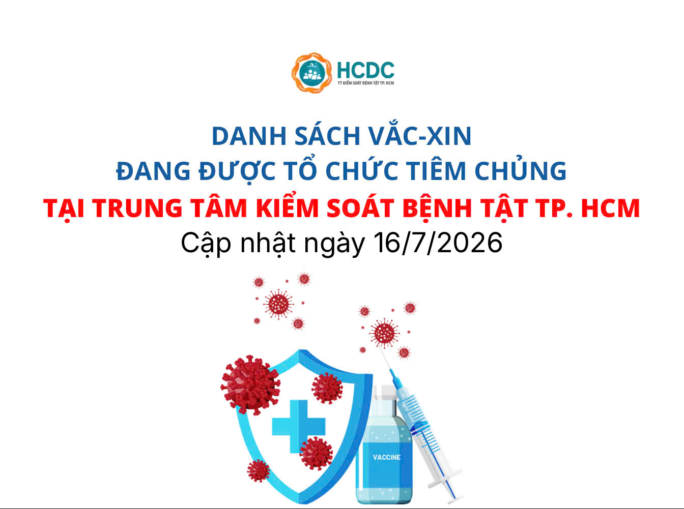 Danh sách vắc-xin đang được tổ chức tiêm chủng tại Trung tâm Kiểm soát bệnh tật TP. Hồ Chí Minh (Ngày 16/7/2026)
