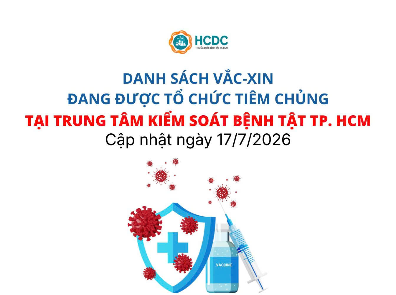 Danh sách vắc-xin đang được tổ chức tiêm chủng tại Trung tâm Kiểm soát bệnh tật TP. Hồ Chí Minh (Ngày 17/7/2026)