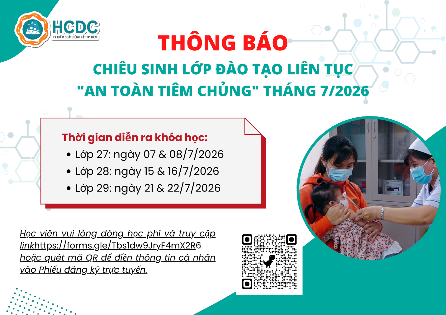 HCDC: Chiêu sinh lớp cập nhật kiến thức y khoa liên tục “An toàn tiêm chủng” tháng 7/2026