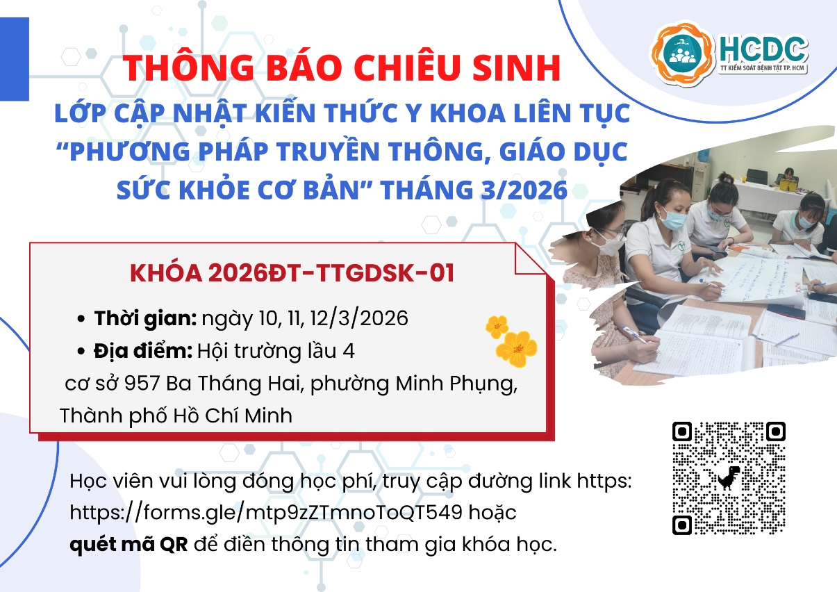 HCDC: Chiêu sinh lớp cập nhật kiến thức y khoa liên tục “Phương pháp truyền thông, giáo dục sức khỏe cơ bản” tháng 3/2026