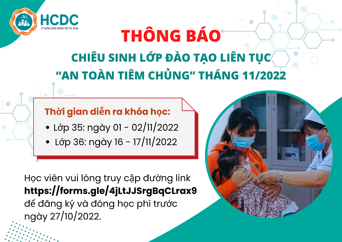 HCDC: Chiêu sinh lớp đào tạo liên tục “An toàn tiêm chủng” tháng 11/2022