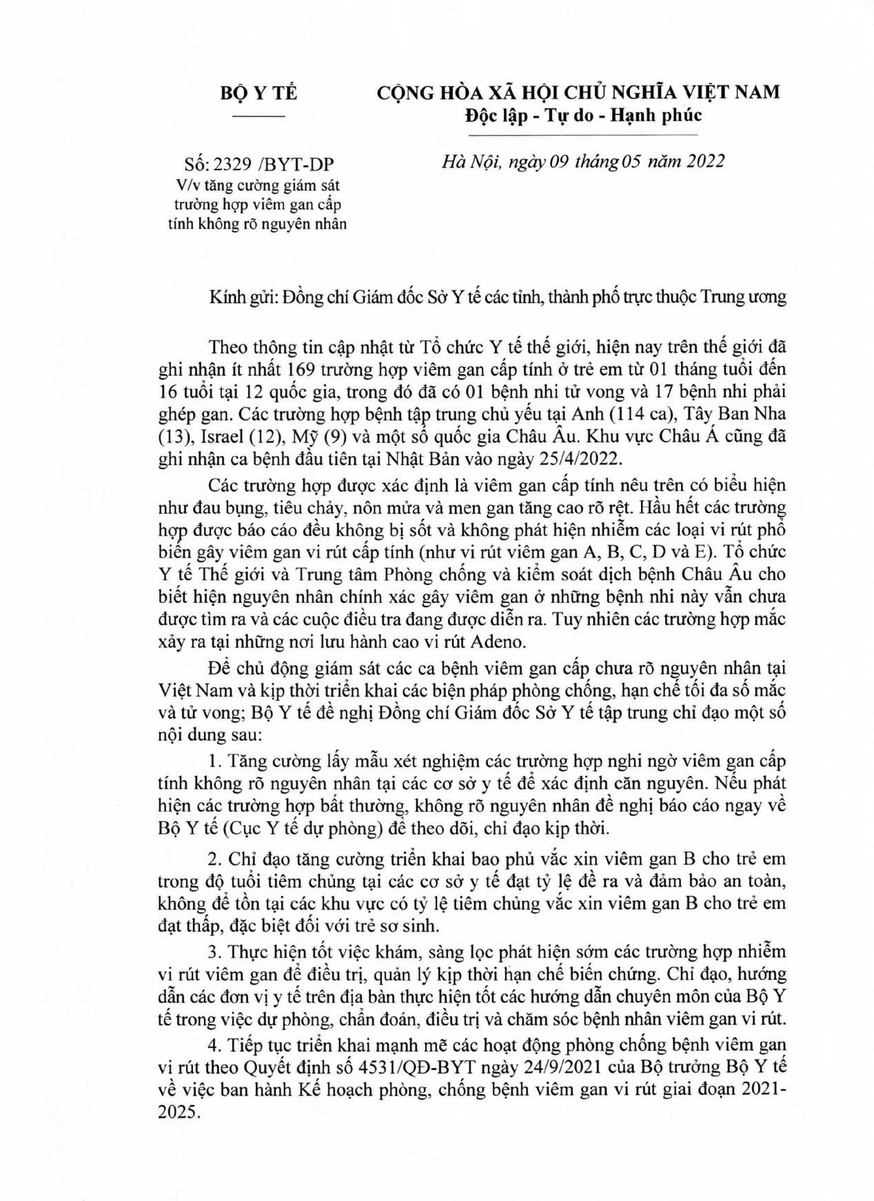Bộ Y tế: Tăng cường giám sát trường hợp viêm gan cấp tính không rõ nguyên nhân