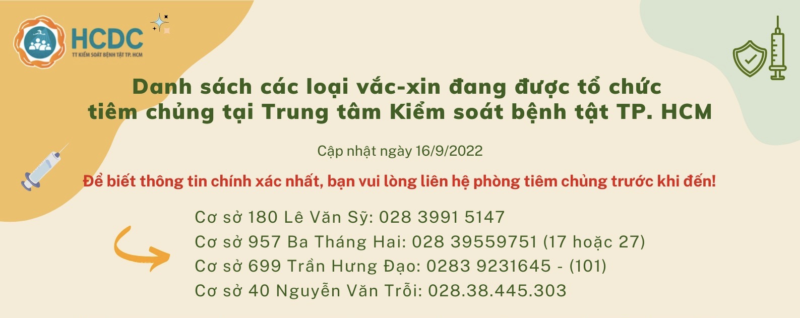 Danh sách các loại vắc-xin đang được tổ chức tiêm chủng tại Trung tâm Kiểm soát bệnh tật TP. Hồ Chí Minh (cập nhật 7:00 giờ ngày 16/9/2022)