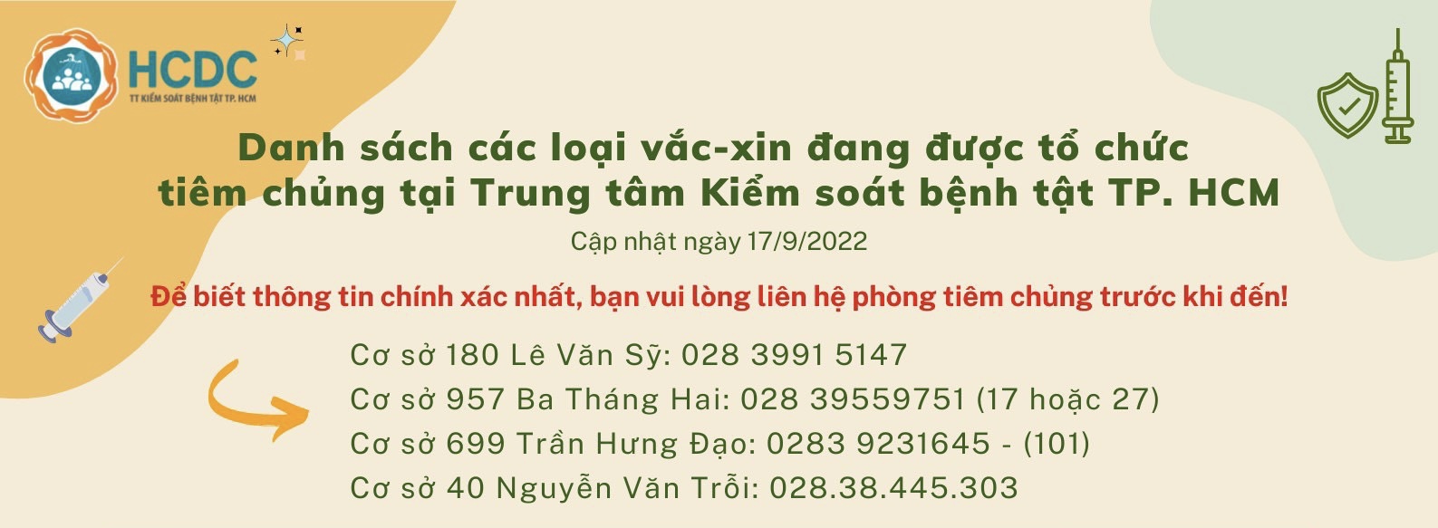 Danh sách các loại vắc-xin đang được tổ chức tiêm chủng tại Trung tâm Kiểm soát bệnh tật TP. Hồ Chí Minh (cập nhật 7:00 giờ ngày 17/9/2022)