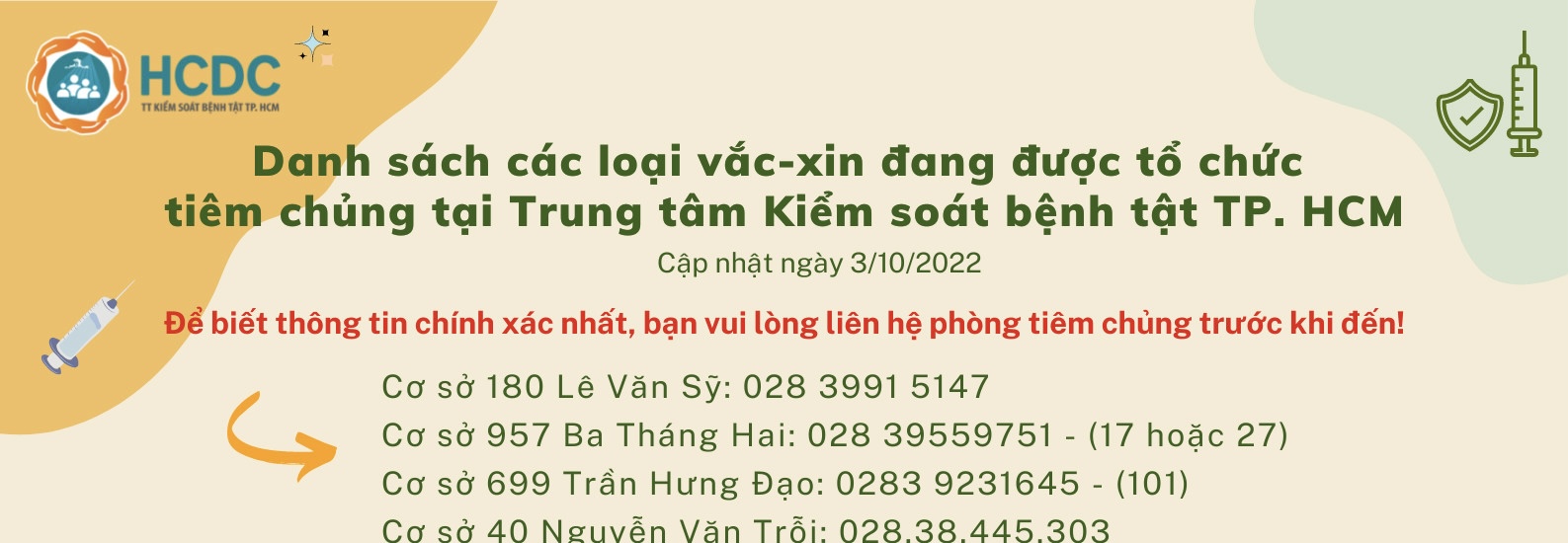 Danh sách các loại vắc-xin đang được tổ chức tiêm chủng tại Trung tâm Kiểm soát bệnh tật TP. Hồ Chí Minh (cập nhật 7:00 giờ ngày 3/10/2022)