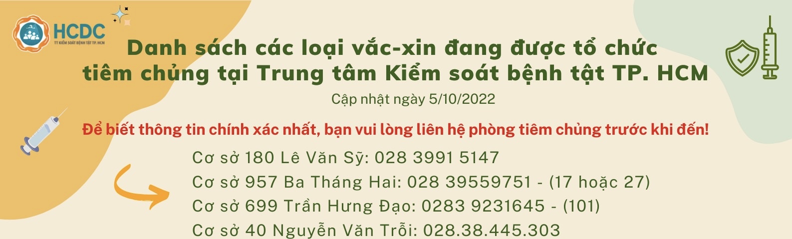 Danh sách các loại vắc-xin đang được tổ chức tiêm chủng tại Trung tâm Kiểm soát bệnh tật TP. Hồ Chí Minh (cập nhật 7:00 giờ ngày 5/10/2022)