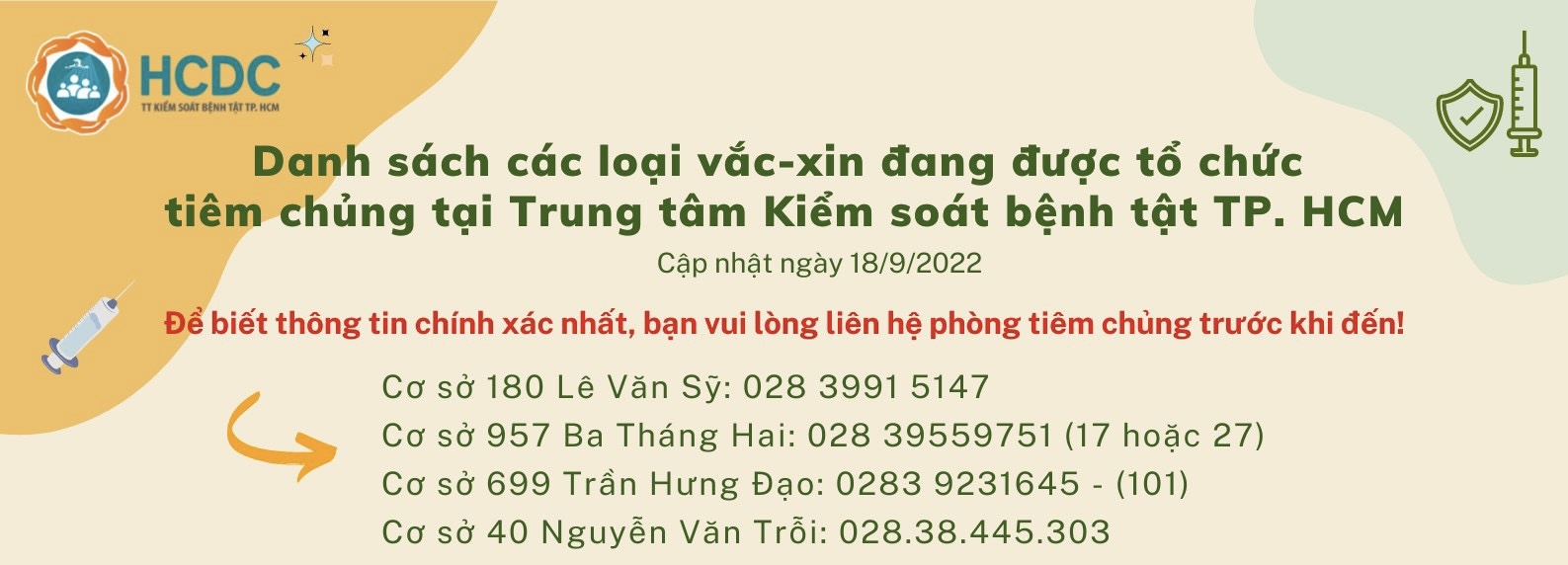 Danh sách các loại vắc-xin đang được tổ chức tiêm chủng tại Trung tâm Kiểm soát bệnh tật TP. Hồ Chí Minh (cập nhật 8:00 giờ ngày 18/9/2022)