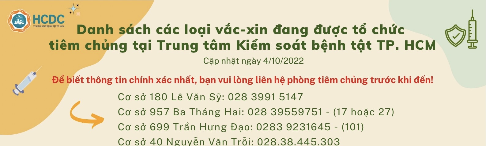 Danh sách các loại vắc-xin đang được tổ chức tiêm chủng tại Trung tâm Kiểm soát bệnh tật TP. Hồ Chí Minh (cập nhật 8:00 giờ ngày 4/10/2022)