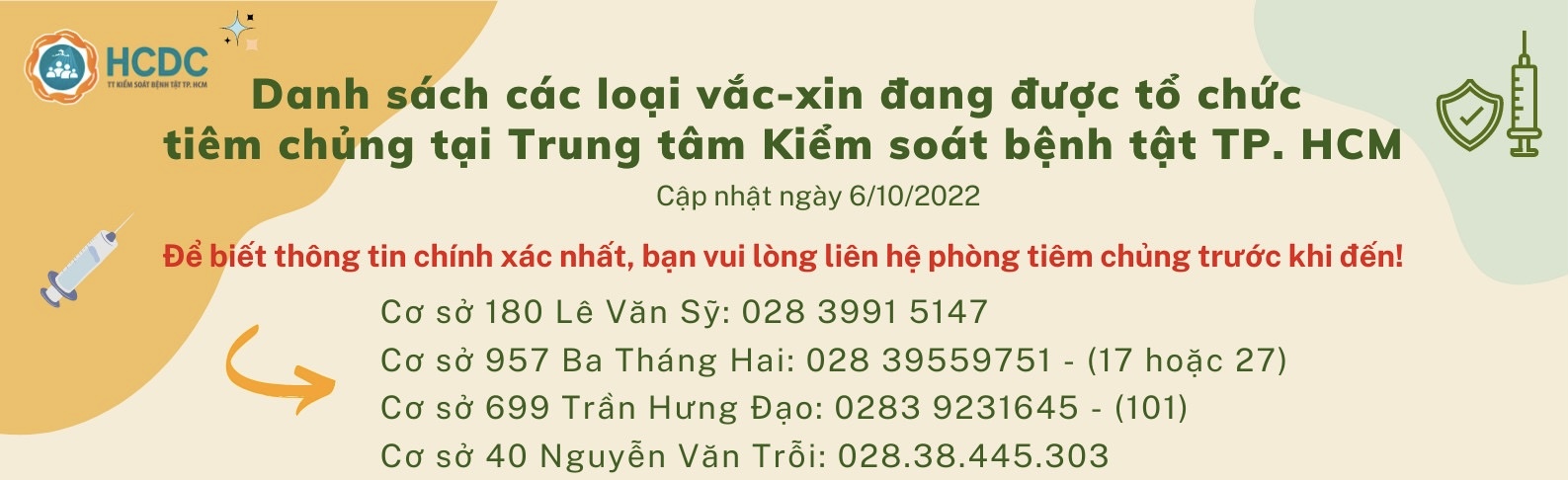 Danh sách các loại vắc-xin đang được tổ chức tiêm chủng tại Trung tâm Kiểm soát bệnh tật TP. Hồ Chí Minh (cập nhật 8:00 giờ ngày 6/10/2022)