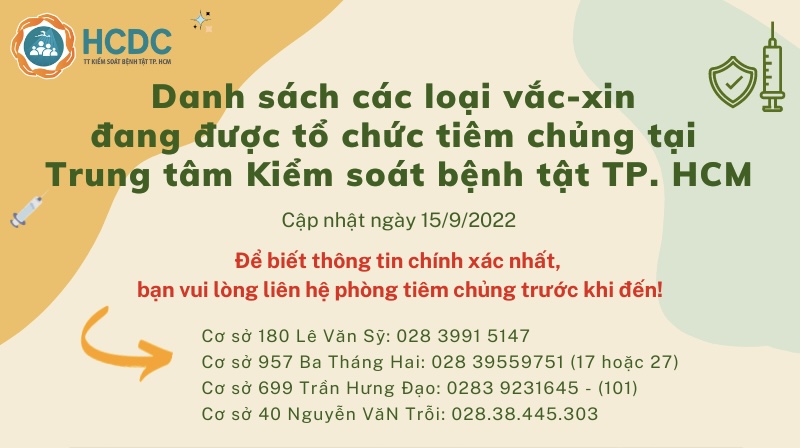 Danh sách các loại vắc-xin đang được tổ chức tiêm chủng tại Trung tâm Kiểm soát bệnh tật TP. Hồ Chí Minh (cập nhật 8:30 giờ ngày 15/9/2022)