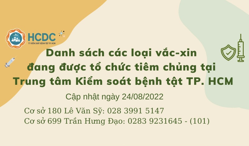  Danh sách các loại vắc-xin đang được tổ chức tiêm chủng tại Trung tâm Kiểm soát bệnh tật TP. Hồ Chí Minh (cập nhật ngày 24/8/2022)