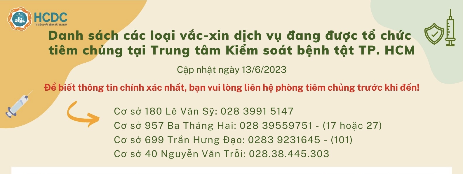 Danh sách các loại vắc-xin đang được tổ chức tiêm chủng tại Trung tâm Kiểm soát bệnh tật TP. Hồ Chí Minh (Ngày 13/6/2023)