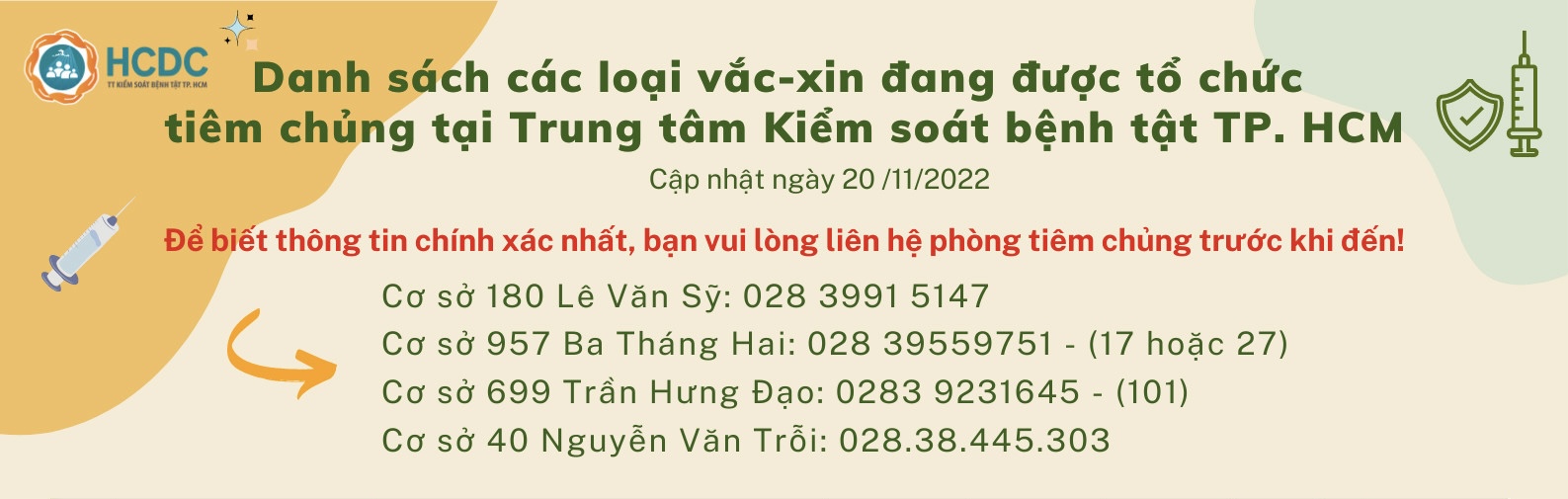 Danh sách các loại vắc-xin đang được tổ chức tiêm chủng tại Trung tâm Kiểm soát bệnh tật TP. Hồ Chí Minh (Ngày 20/11/2022)