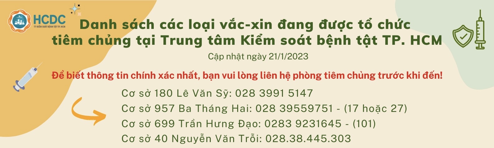 Danh sách các loại vắc-xin đang được tổ chức tiêm chủng tại Trung tâm Kiểm soát bệnh tật TP. Hồ Chí Minh (Ngày 21/1/2023)