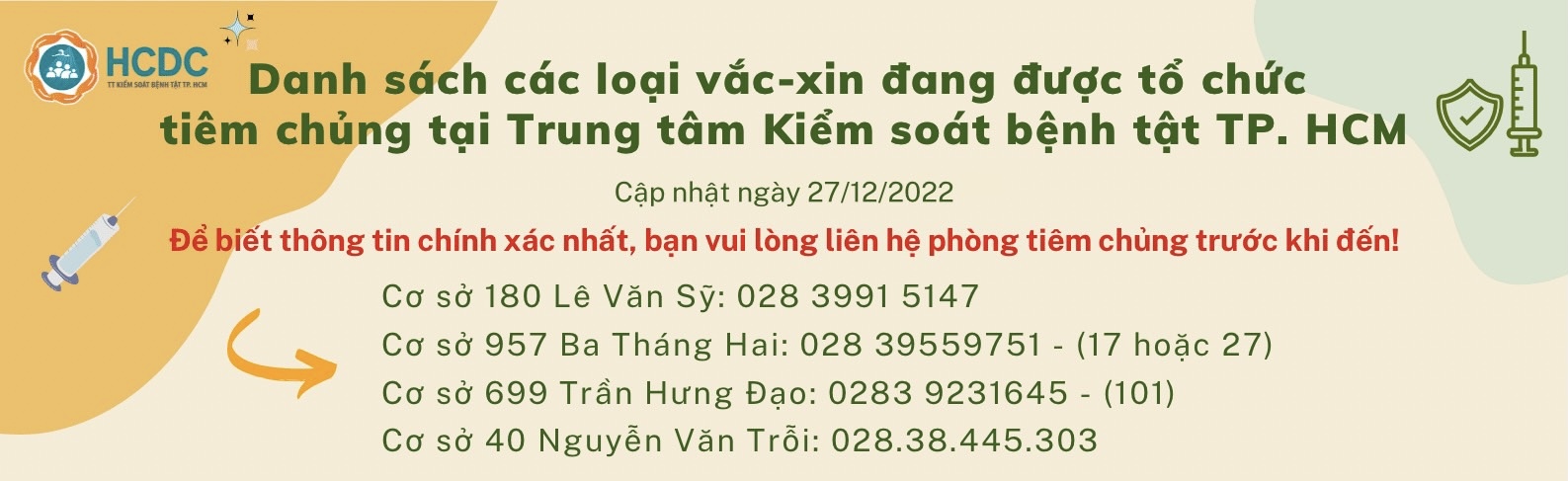 Danh sách các loại vắc-xin đang được tổ chức tiêm chủng tại Trung tâm Kiểm soát bệnh tật TP. Hồ Chí Minh (Ngày 27/12/2022)