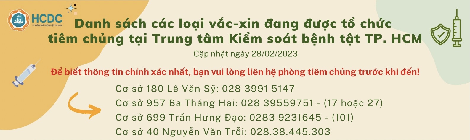 Danh sách các loại vắc-xin đang được tổ chức tiêm chủng tại Trung tâm Kiểm soát bệnh tật TP. Hồ Chí Minh (Ngày 28/02/2023)