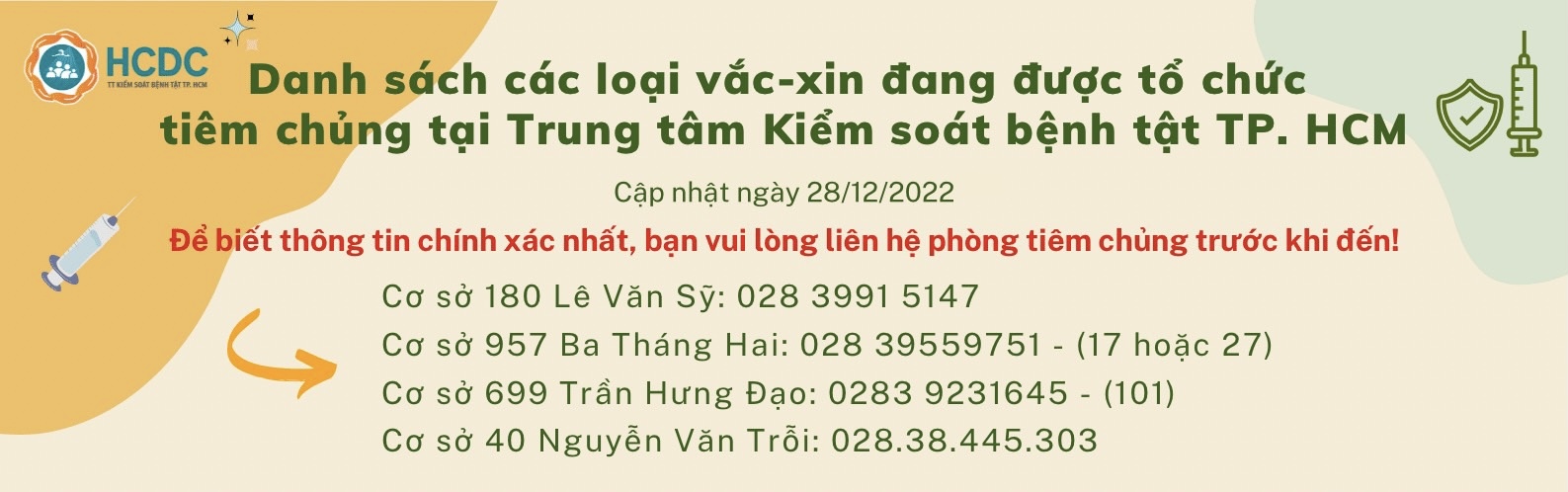Danh sách các loại vắc-xin đang được tổ chức tiêm chủng tại Trung tâm Kiểm soát bệnh tật TP. Hồ Chí Minh (Ngày 28/12/2022)
