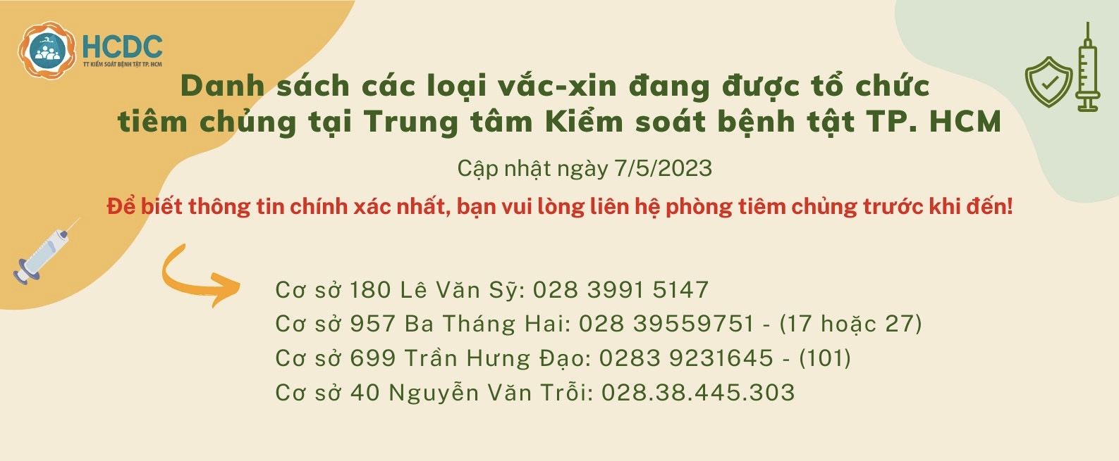 Danh sách các loại vắc-xin đang được tổ chức tiêm chủng tại Trung tâm Kiểm soát bệnh tật TP. Hồ Chí Minh (Ngày 7/5/2023)