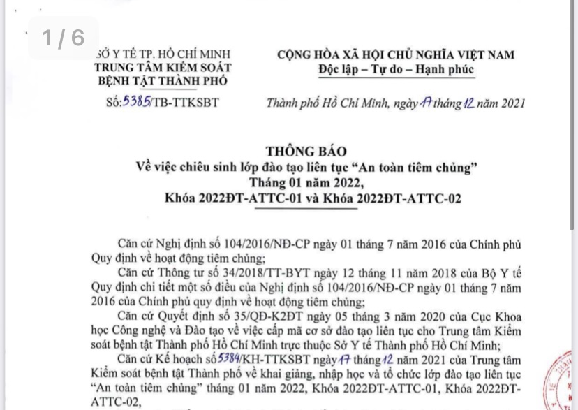HCDC: Chiêu sinh lớp đào tạo liên tục “An toàn tiêm chủng” tháng 01/2022
