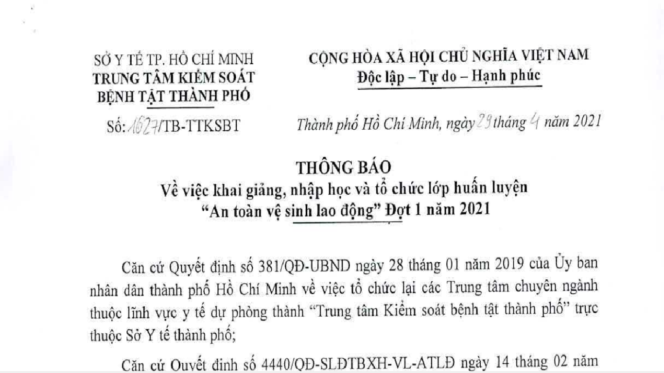 HCDC chiêu sinh lớp huấn luyện “An toàn vệ sinh lao động” đợt 1 năm 2021