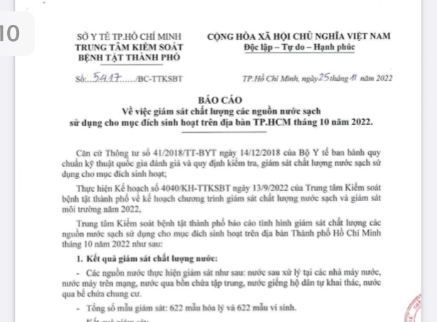 Kết quả kiểm tra chất lượng nước tại TP.HCM tháng 10 năm 2022 (ngoại kiểm)