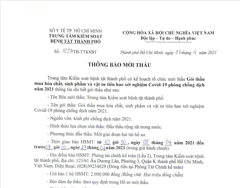 THÔNG BÁO MỜI THẦU Gói thầu mua hóa chất, sinh phẩm và vật tư tiêu hao xét nghiệm Covid-19 phòng, chống dịch năm 2021