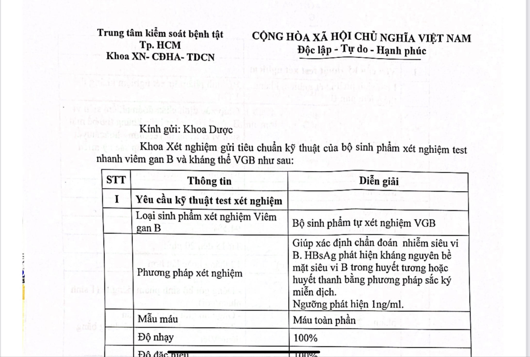 Tiêu chuẩn kỹ thuật của bộ sinh phẩm xét nghiệm test kháng nhanh viêm gan B và kháng thể VGB