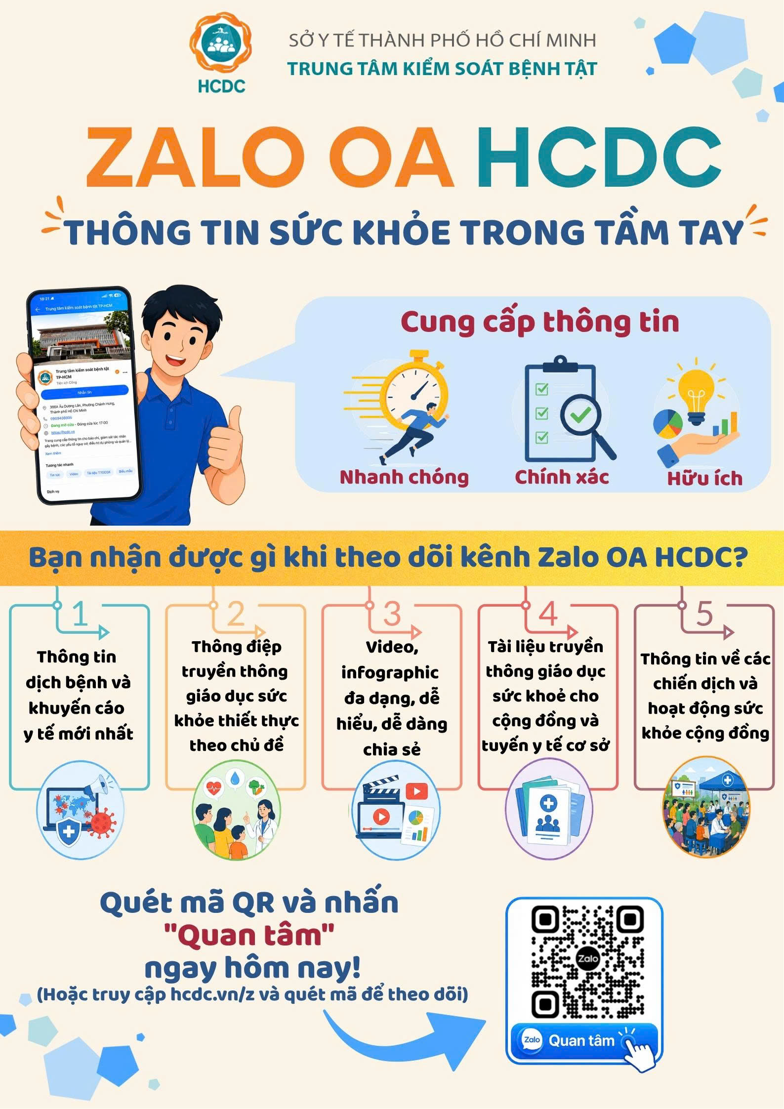 Zalo OA HCDC - Thông tin sức khoẻ trong tầm tay. Quét mã QR và nhấn "Quan tâm" ngay hôm nay!