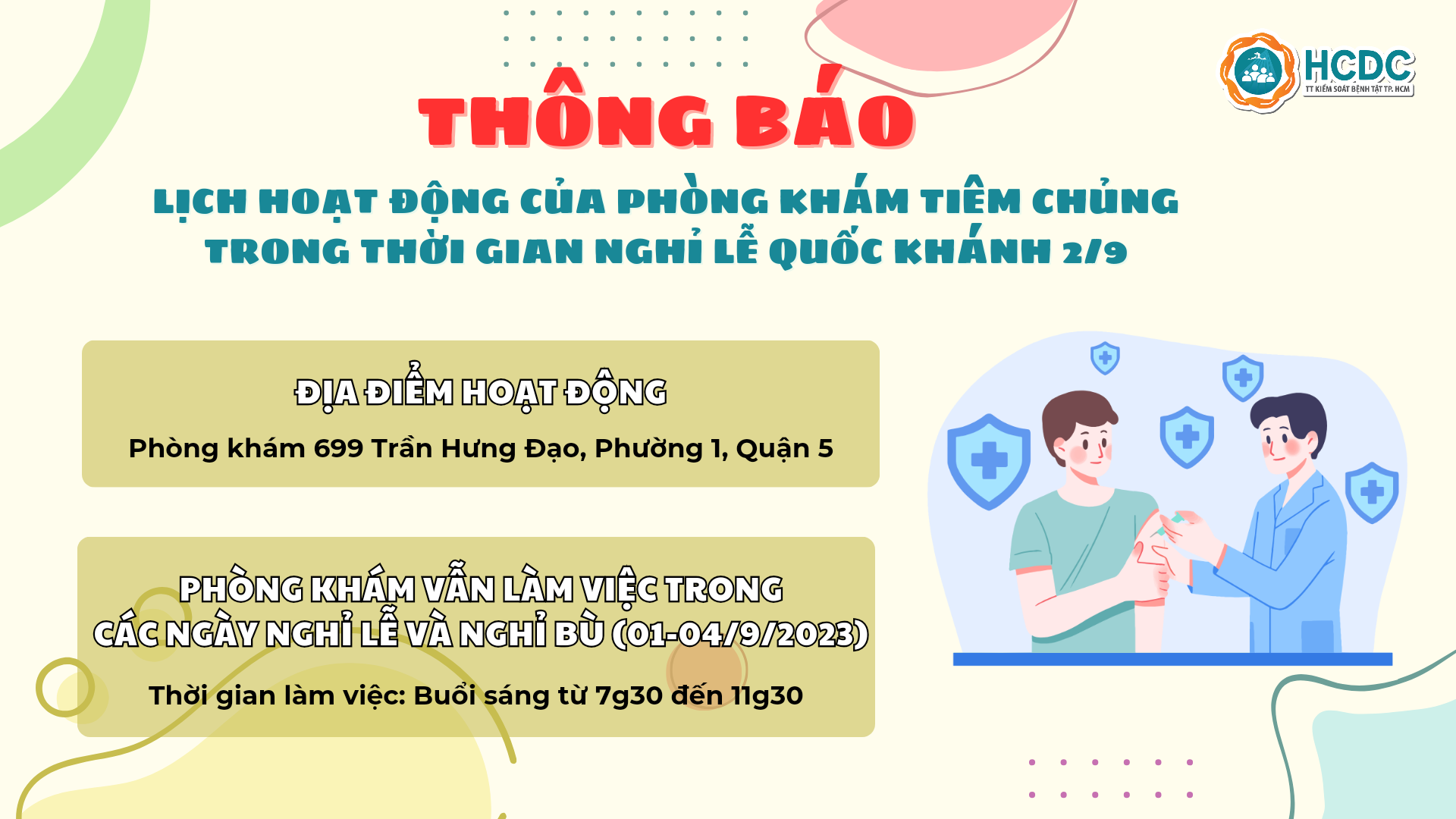 HCDC: Lịch hoạt động của phòng khám tiêm chủng trong thời gian nghỉ lễ Quốc Khánh 2/9