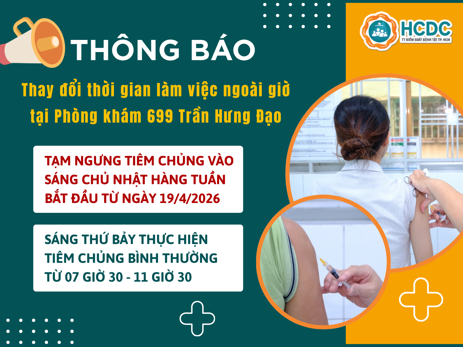 HCDC: Thông báo thay đổi thời gian làm việc ngoài giờ tại phòng khám 699 Trần Hưng Đạo