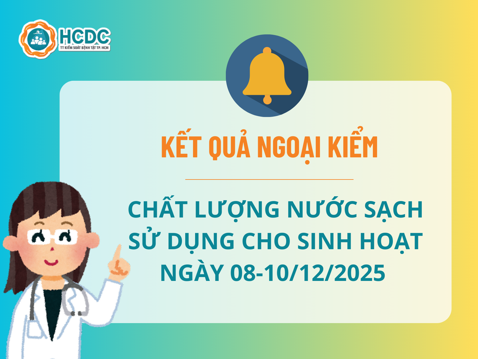 Kết quả ngoại kiểm chất lượng nước sạch sử dụng cho mục đích sinh hoạt ngày 08-10/12/2025