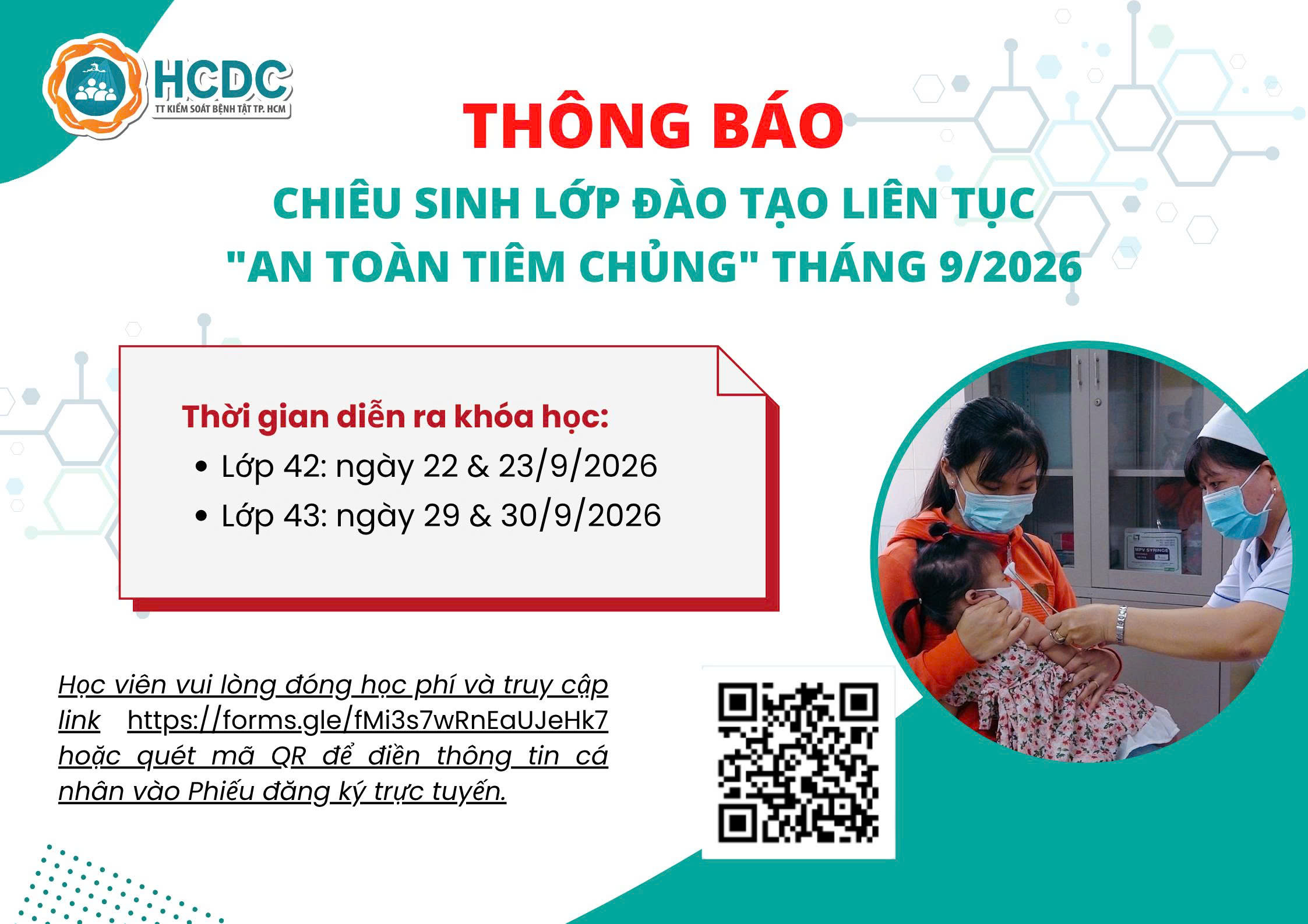 HCDC: Chiêu sinh lớp cập nhật kiến thức y khoa liên tục “An toàn tiêm chủng” tháng 9/2026