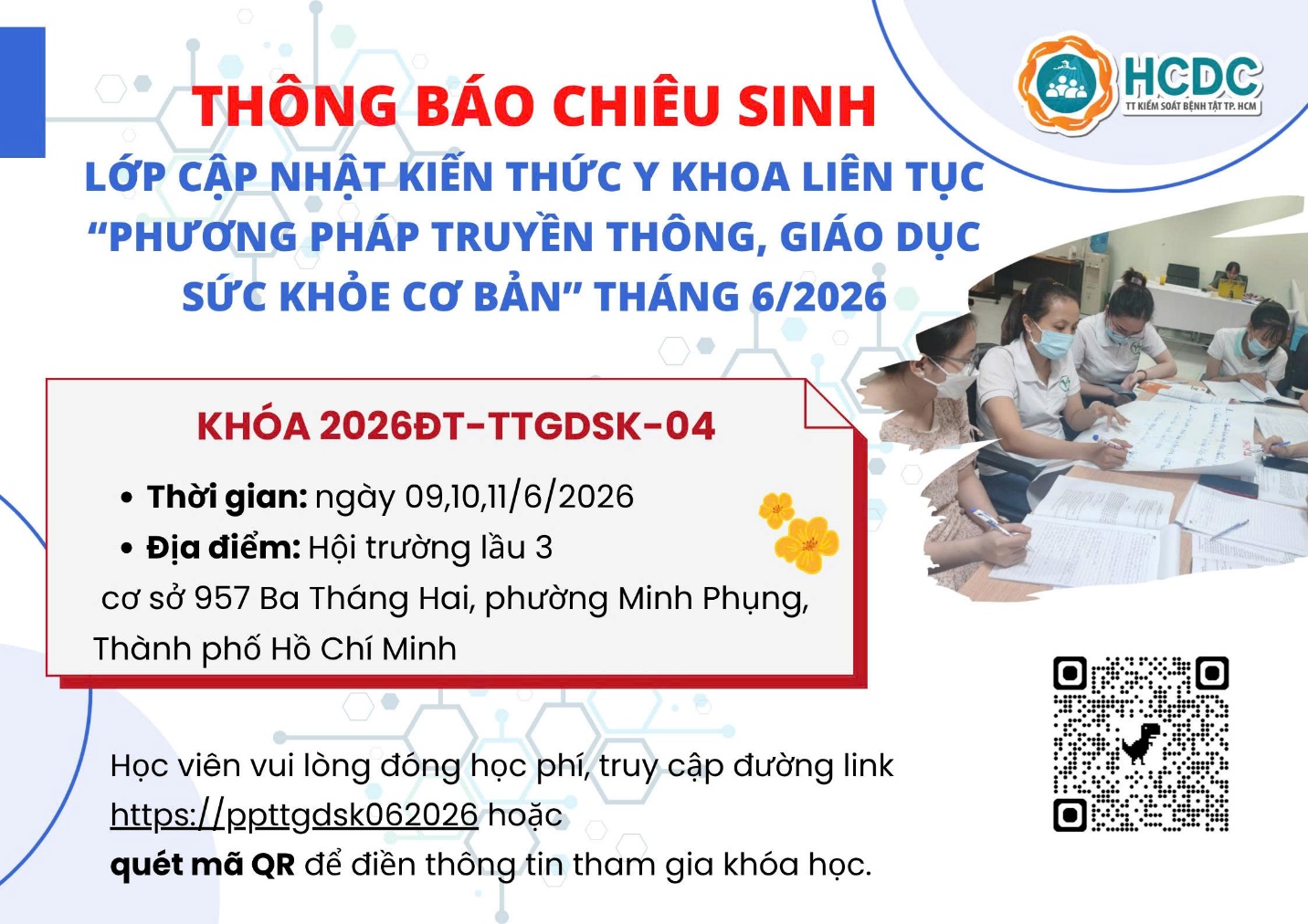 HCDC: Chiêu sinh lớp cập nhật kiến thức y khoa liên tục “Phương pháp truyền thông, giáo dục sức khỏe cơ bản” khóa 04 tháng 6/2026