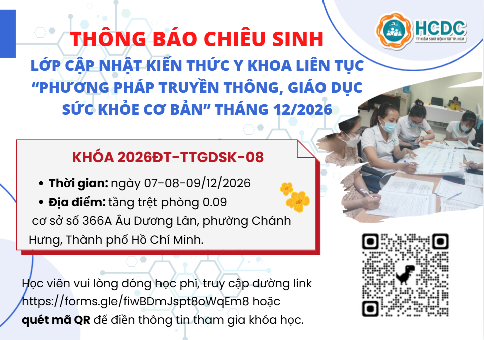HCDC: Chiêu sinh lớp cập nhật kiến thức y khoa liên tục “Phương pháp truyền thông, giáo dục sức khỏe cơ bản” tháng 12/2026