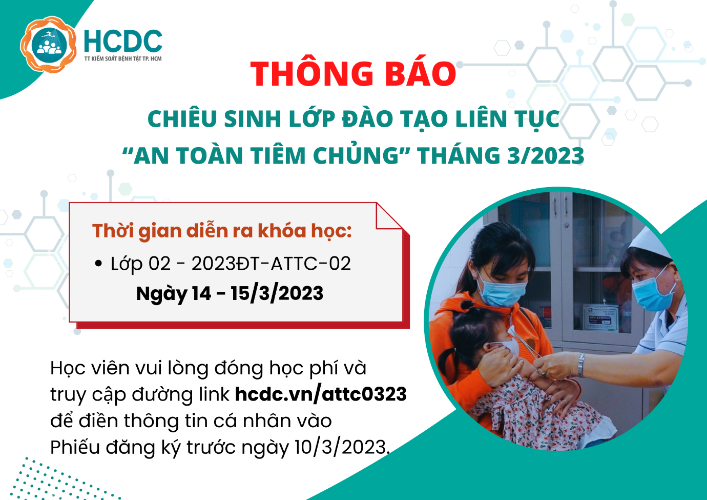 HCDC: Chiêu sinh lớp đào tạo liên tục “An toàn tiêm chủng” tháng 3/2023
