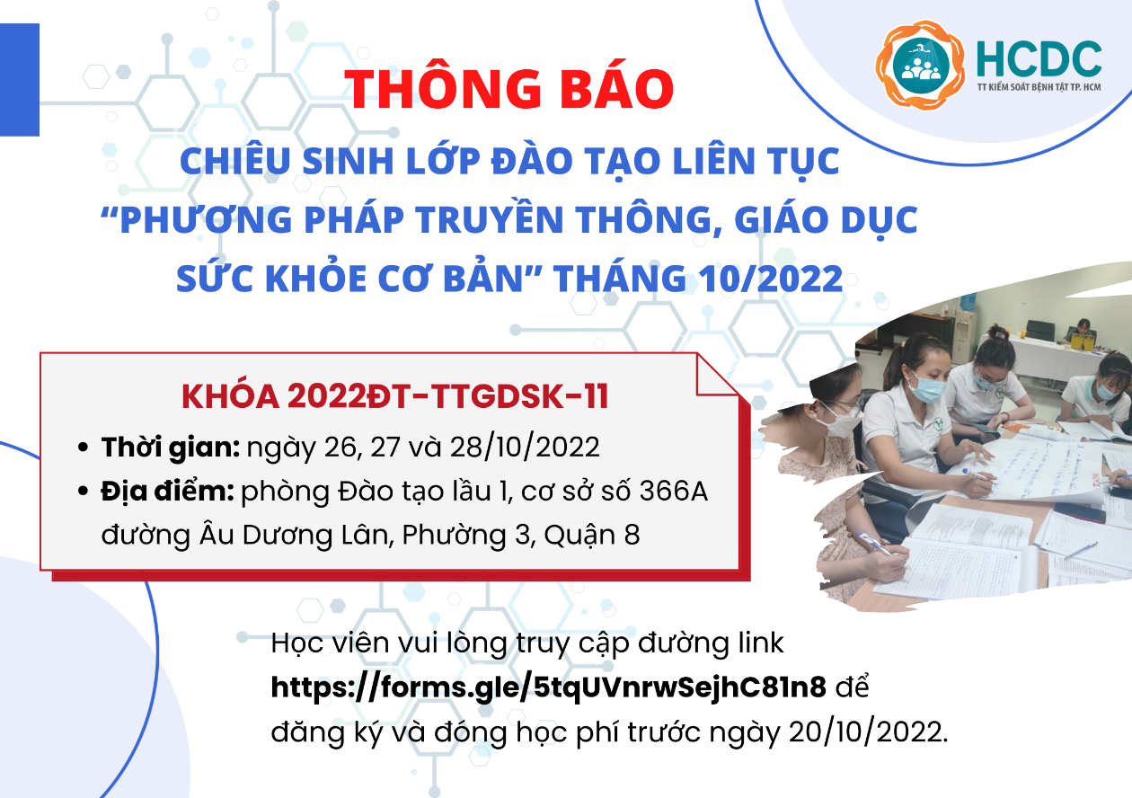 HCDC: Chiêu sinh lớp đào tạo liên tục “Phương pháp truyền thông, giáo dục sức khỏe cơ bản” tháng 10/2022
