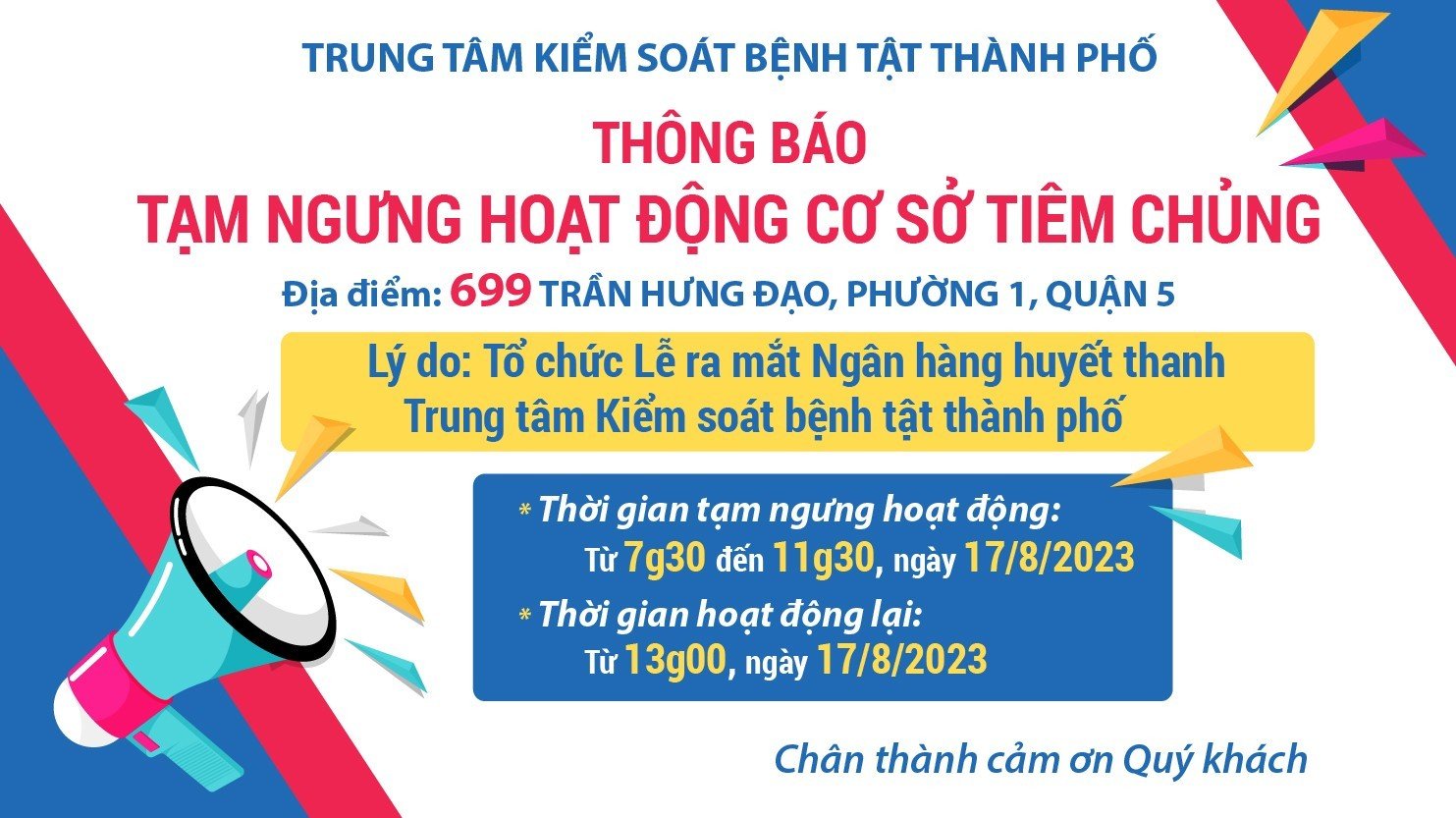 Thông báo tạm ngưng hoạt động cơ sở tiêm chủng 699 Trần Hưng Đạo