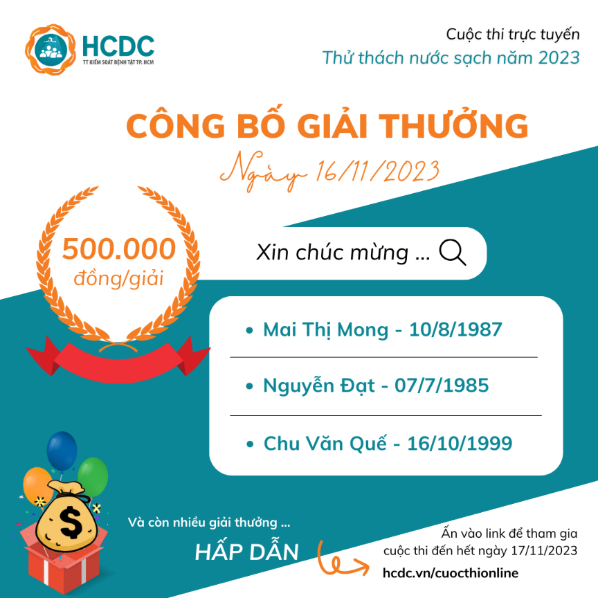Thử thách nước sạch 2023: Kết quả giải thưởng ngày 16/11/2023
