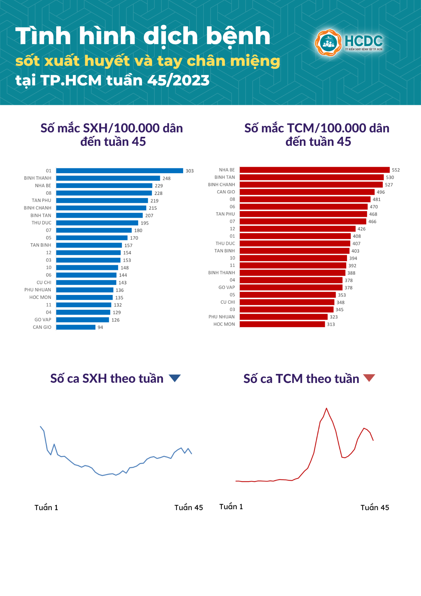 Tình hình dịch bệnh sốt xuất huyết và tay chân miệng tại TP. Hồ Chí Minh tính đến tuần 45/2023