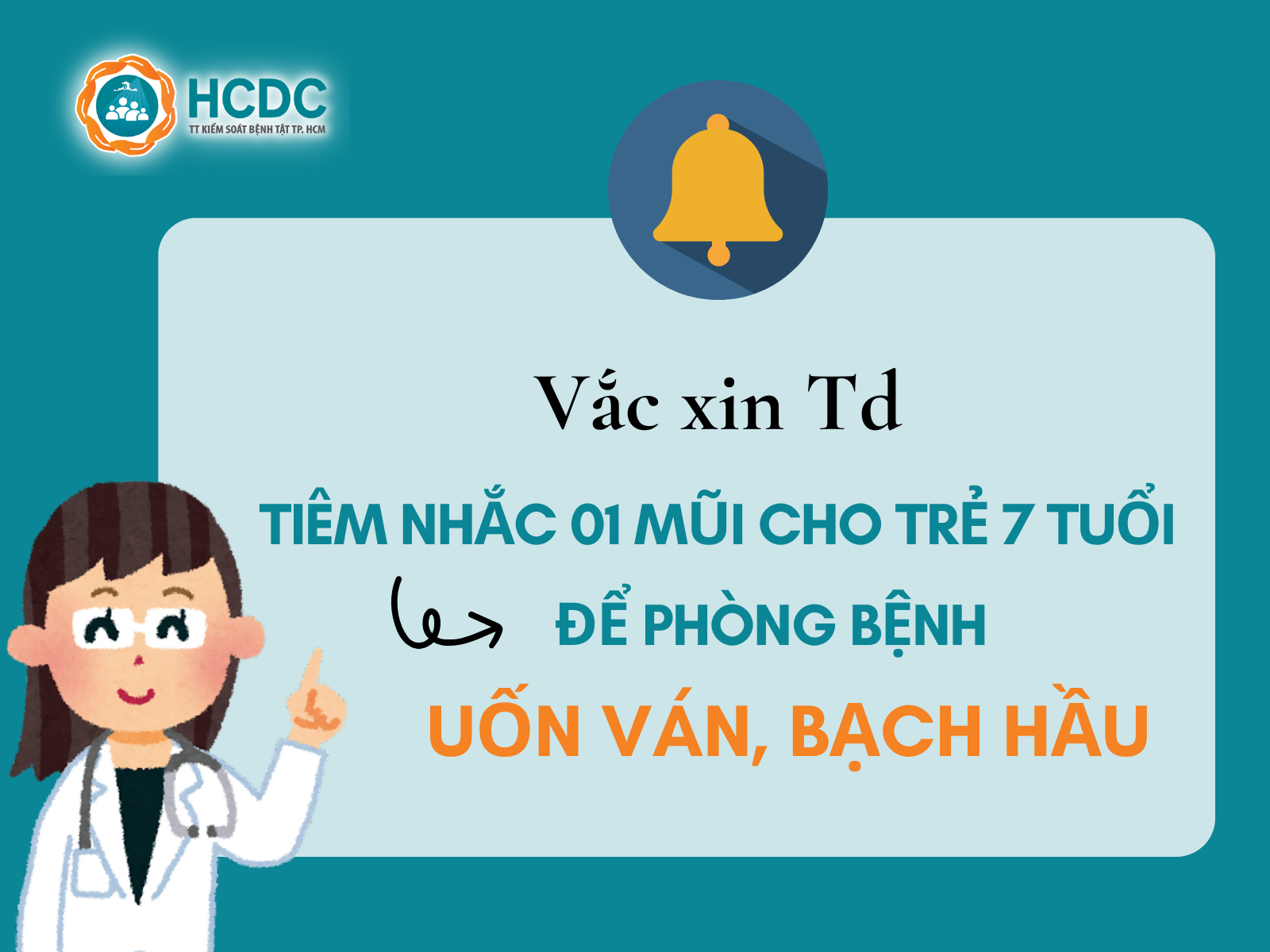 Vắc xin Td: Tiêm nhắc 01 mũi cho trẻ 7 tuổi để phòng bệnh uốn ván, bạch hầu