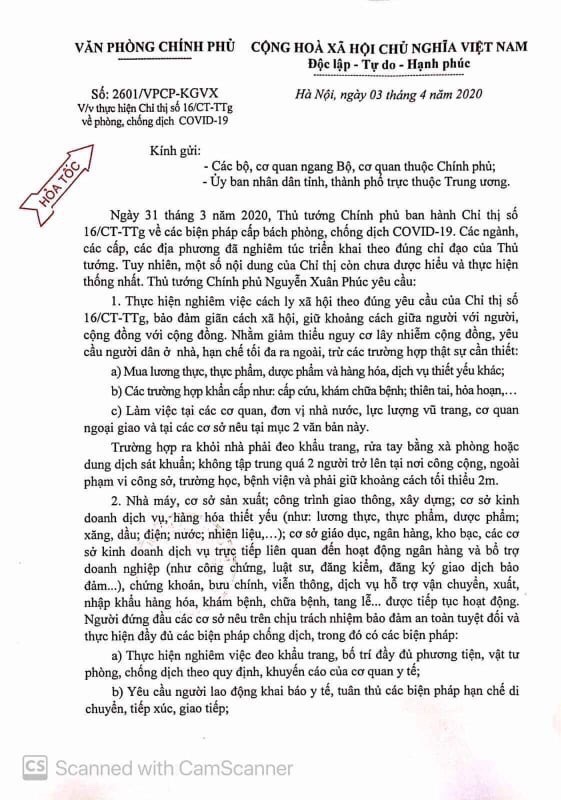 Văn phòng chính phủ: công văn hoả tốc về thực hiện Chỉ thị 16 của Thủ tướng Chính phủ